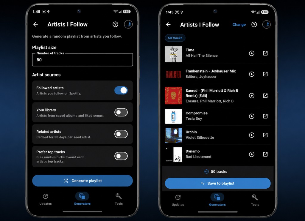 Companion for Spotify playlist tools — generate a playlist from artists you follow and save it to Spotify