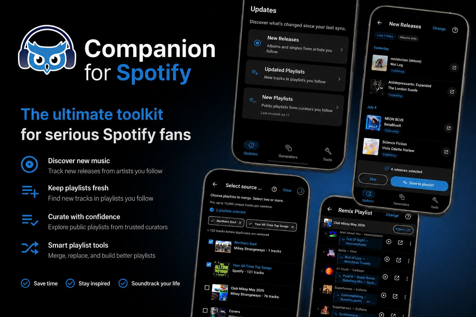Companion for Spotify: discover new music, keep playlists fresh, curate with confidence, and smart playlist tools
