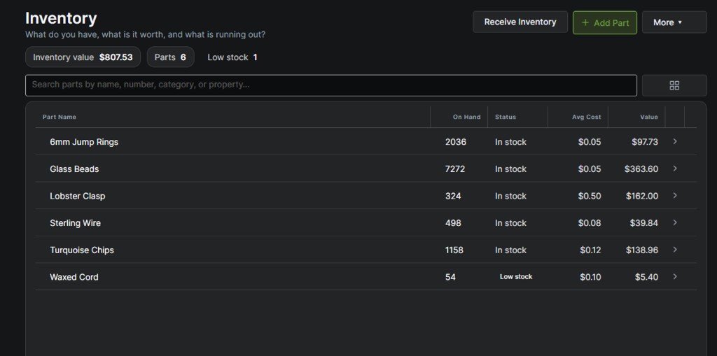 MakerBean Inventory — parts on hand, value, low-stock alerts, and average cost