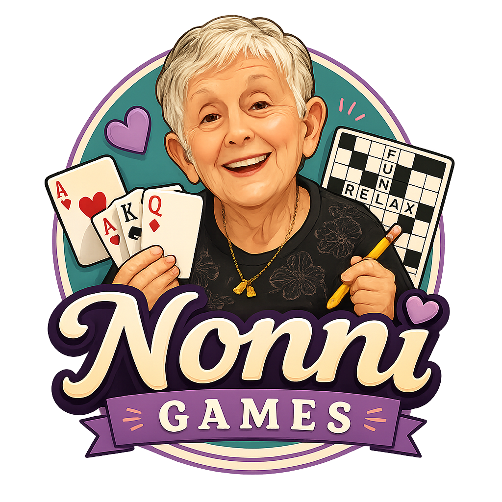 Nonnie Games logo — grandmother mascot with playing cards
