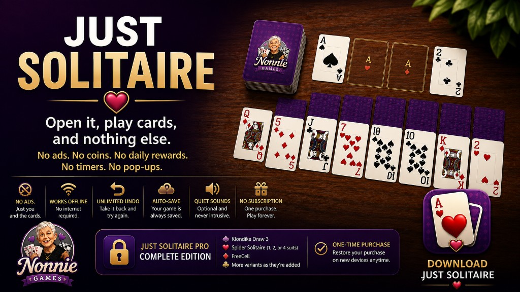 Just Solitaire — Klondike gameplay, no ads, offline play, and six solitaire variants