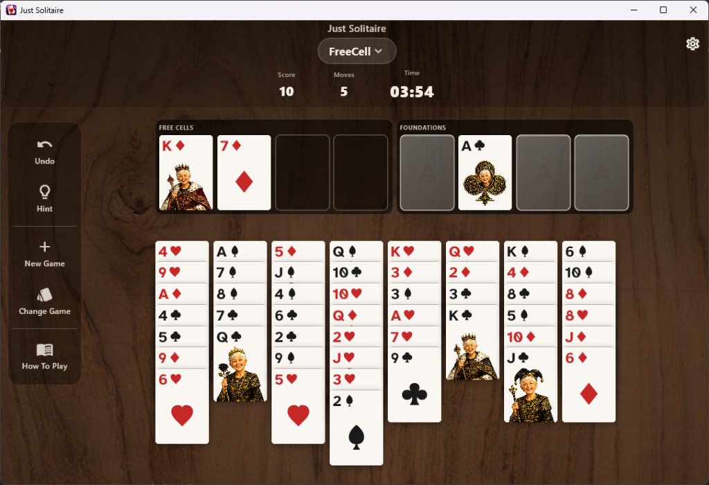 Just Solitaire — FreeCell with free cells, foundations, and all cards visible
