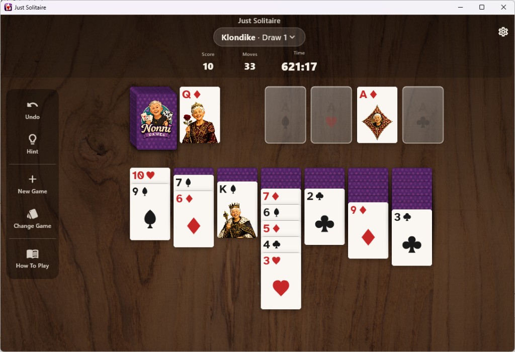 Just Solitaire — Klondike with Draw 1, score, moves, and undo