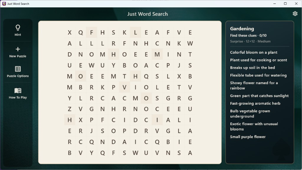 Just Word Search — Clue hunt mode with descriptive gardening clues