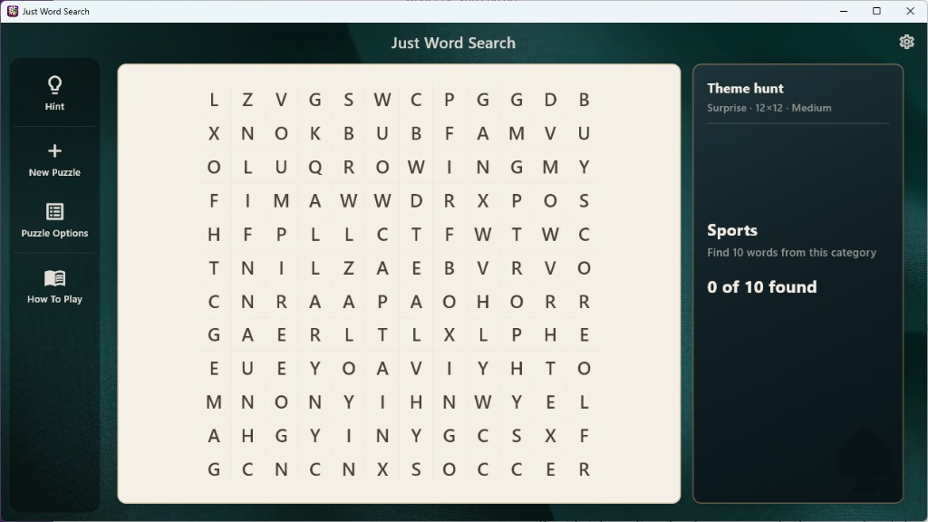 Just Word Search — Theme hunt mode with a Sports category and no visible word list