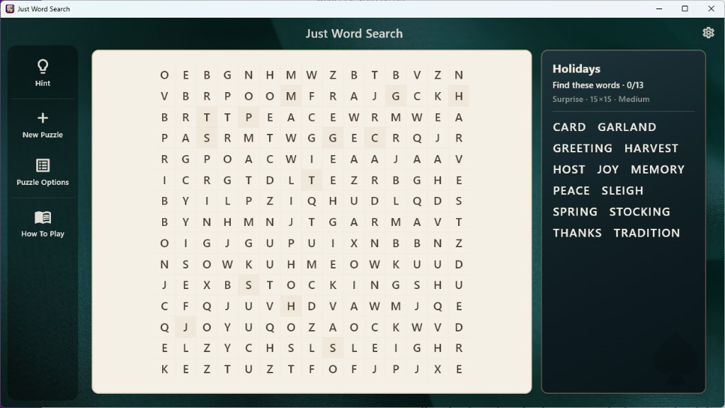 Just Word Search — Holidays theme with a 15×15 word list puzzle