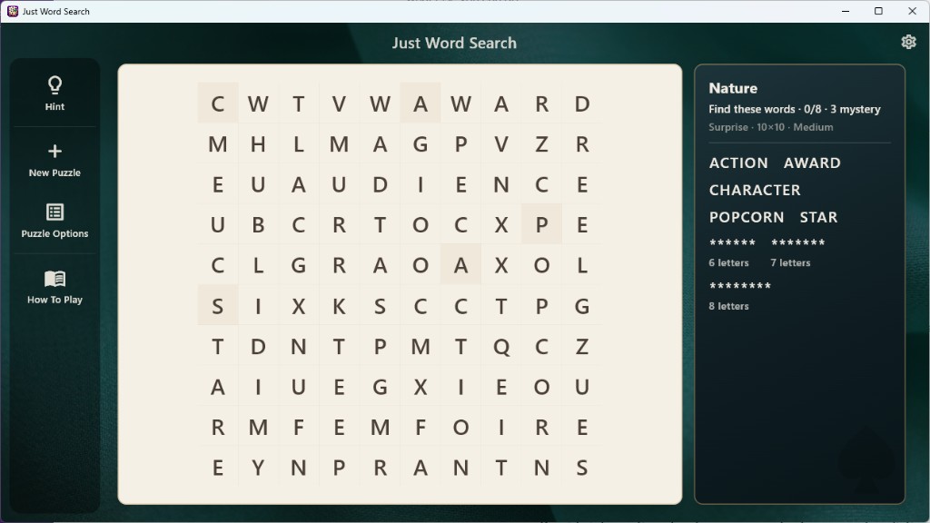 Just Word Search — Nature theme with mystery words and highlighted finds