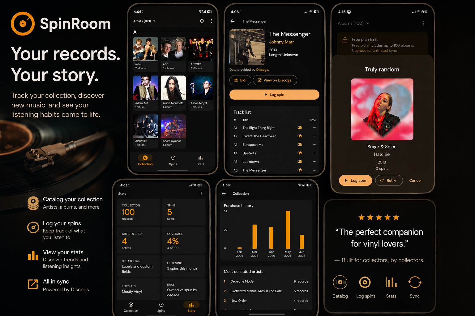 SpinRoom for Discogs — catalog your collection, log spins, view stats, synced with Discogs