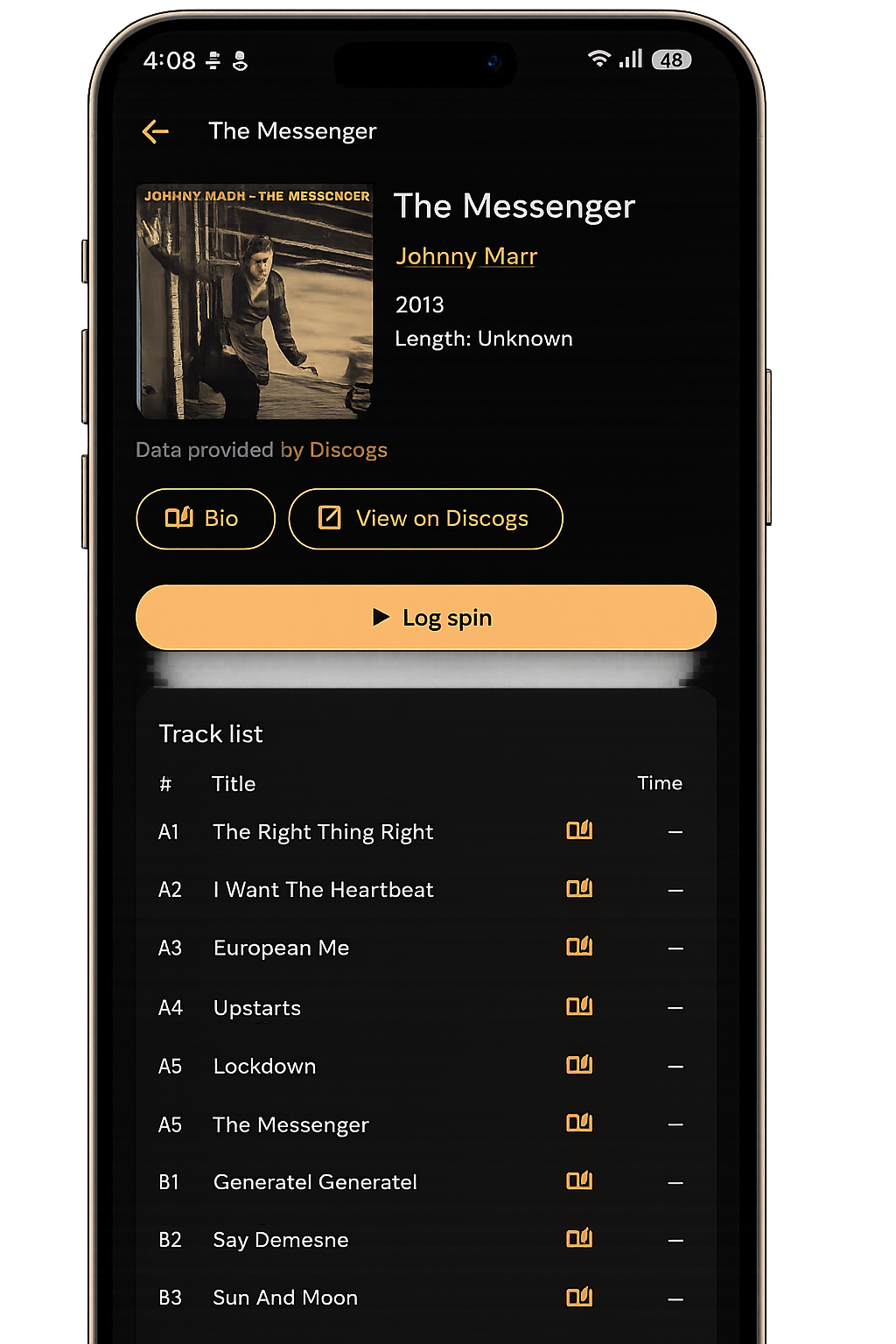 SpinRoom album detail screen — artwork, tracklist, play history, and log spin
